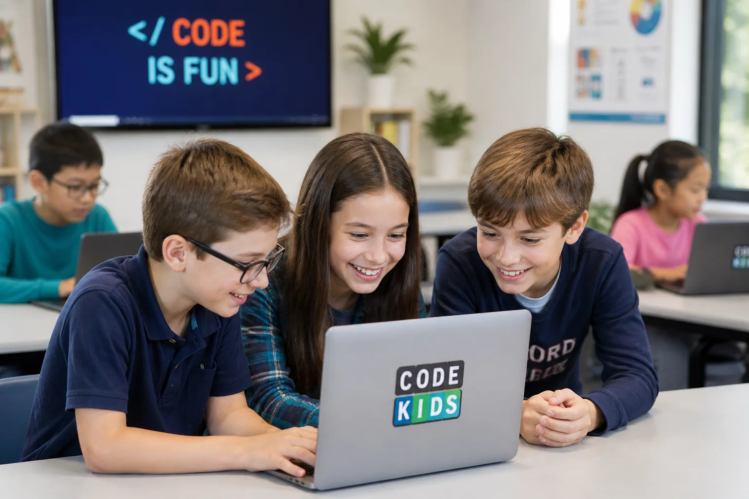 Three primary-school students huddled around a laptop, smiling, with a 'CODE IS FUN' screen behind them