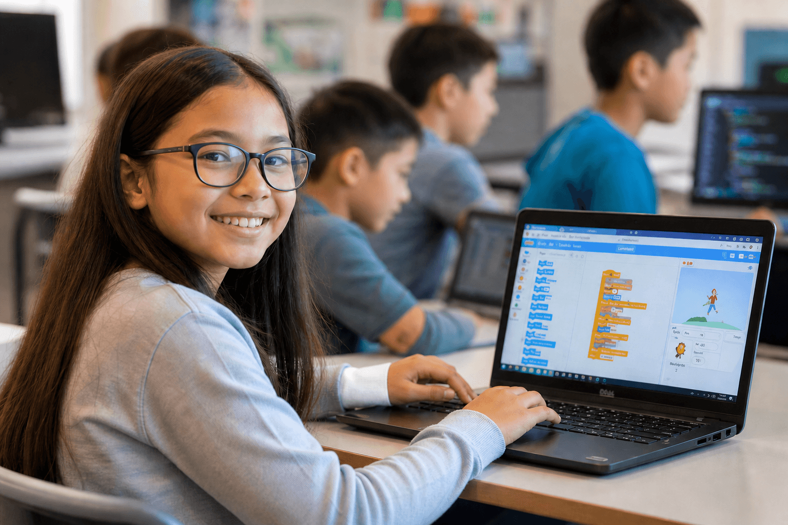 A young student smiling at the camera while Scratch is open on her laptop, with classmates working in the background